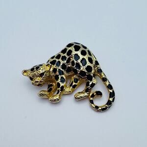 Vintage Park Lane Leopard Cat Brooch Pendant Gold Black Enamel Rhinestone